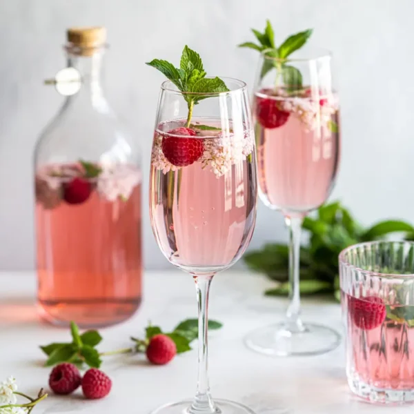 bridal shower mocktails - pink elderflower spritz in champagne glasses