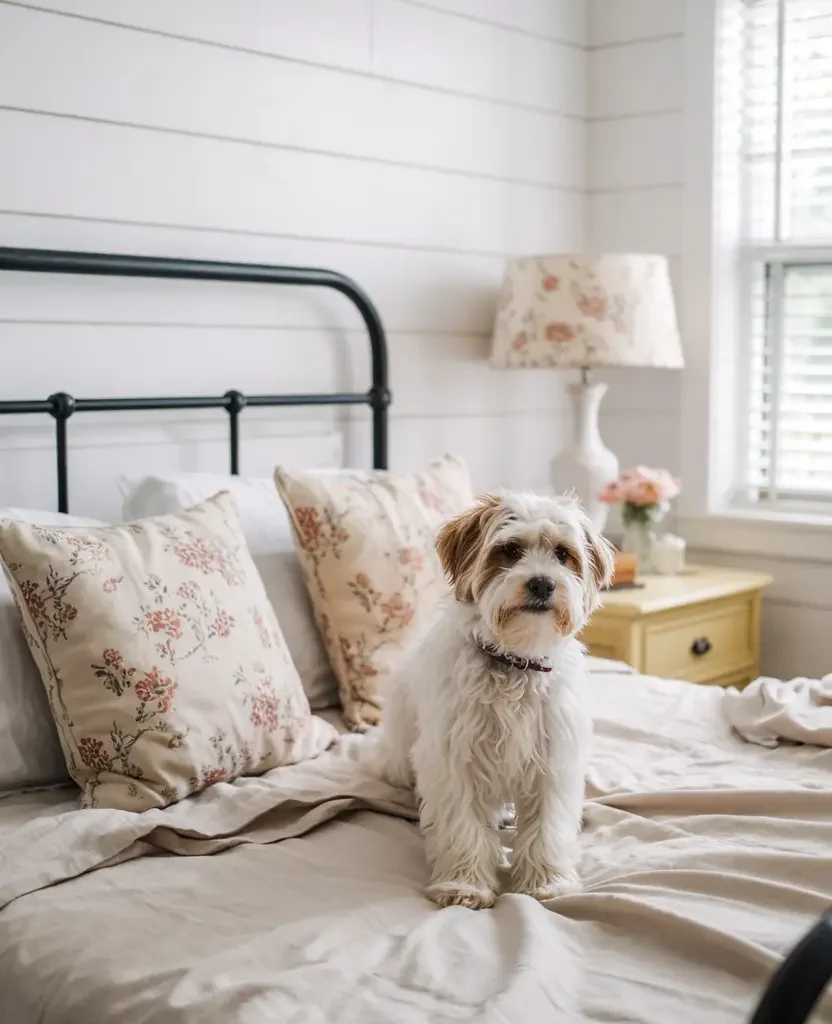 rustic spring bedroom decor with floral pillows, linen bedding and small dog on bed, cozy cottagecore farmhouse style