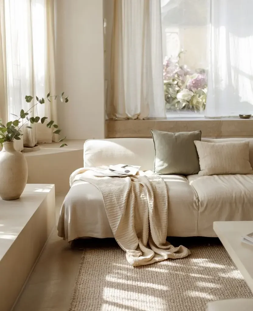 bright airy spring living room 2026 with cream and sage green decor