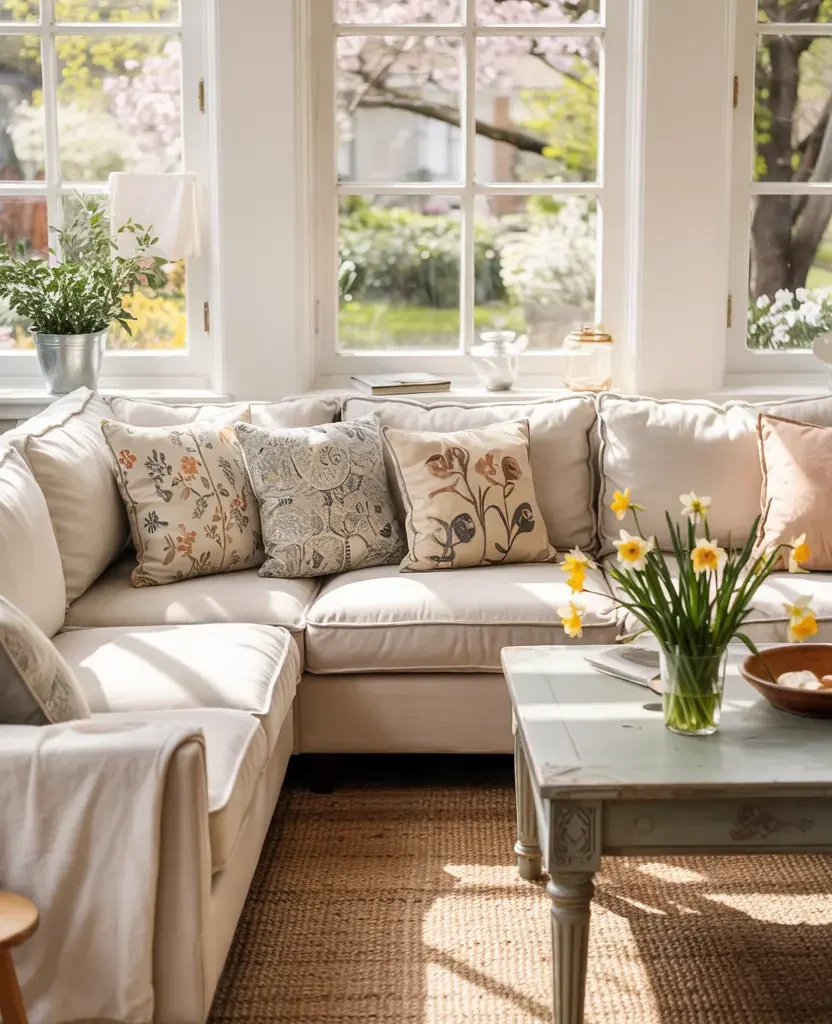 spring living room decor with fresh flowers and natural light creating a bright and airy cozy home vibe