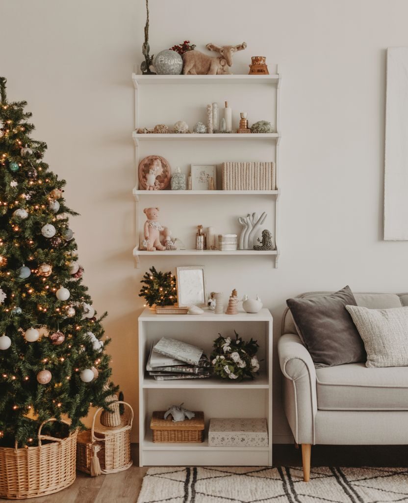 Cozy minimalist living room with a Christmas tree, neutral décor and soft lighting — the perfect inspiration to get ready for Christmas in November and create a calm, clutter-free holiday home.