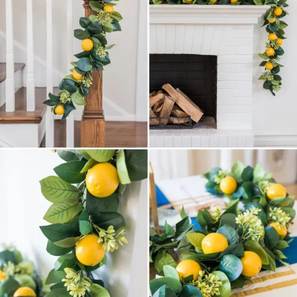lemon garland diy — decorative faux lemon garland on a fireplace mantel
