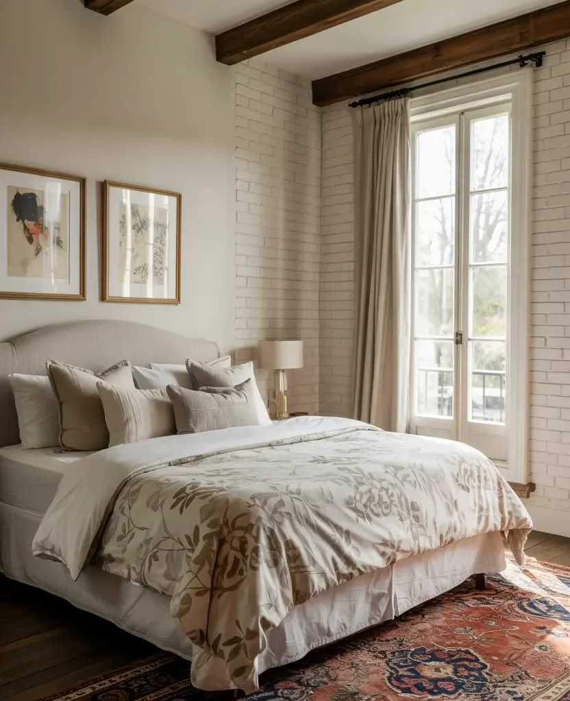 rustic spring bedroom decor with exposed wood beams, neutral bedding, soft textiles and cozy farmhouse cottagecore style