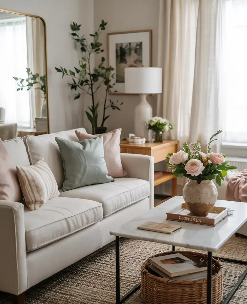 spring living room refresh 2026 with sage green pillows fresh flowers and linen curtains