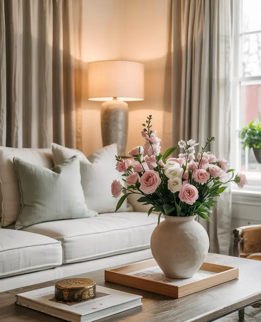 neutral spring living room decor 2026 with cream sofa and sage green accents