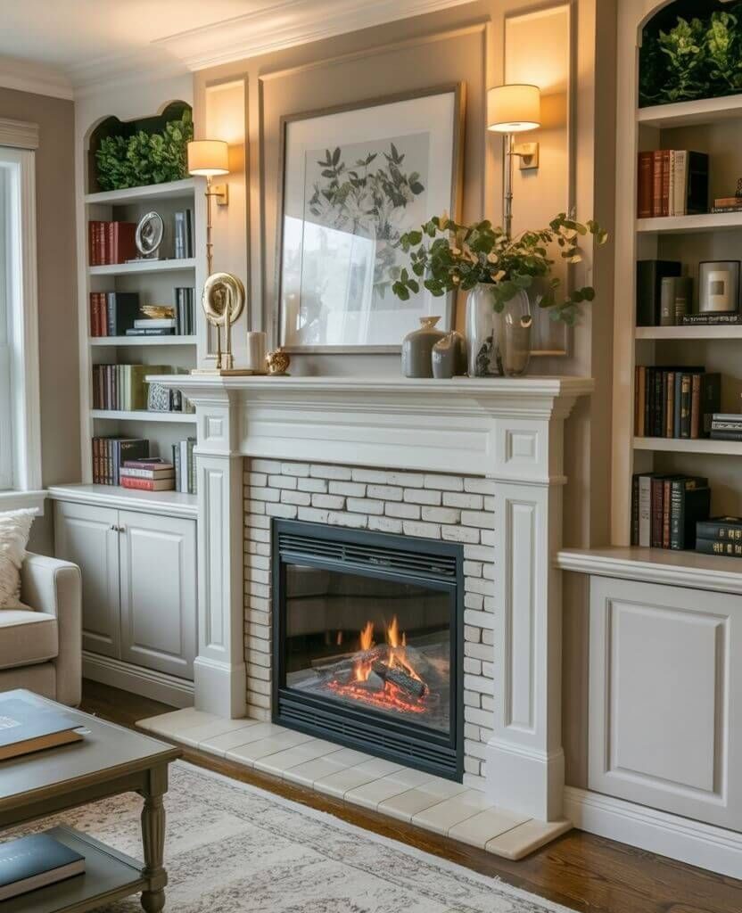 Classic fireplace mantel with built-ins and shelves on both sides — timeless symmetry for your living room.