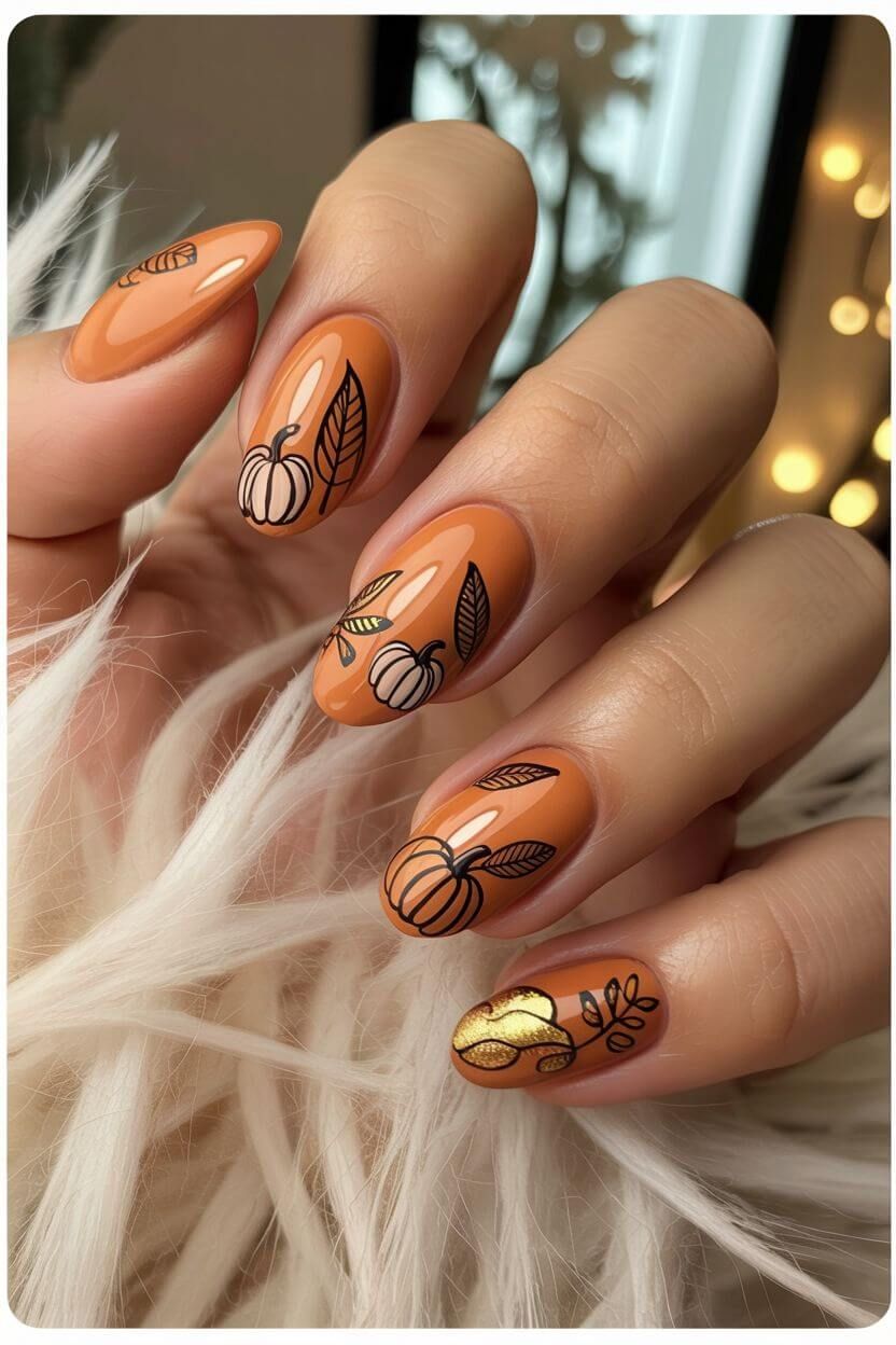 Glossy pumpkin nail art with black leaf designs and golden accent on a warm orange base – cozy autum