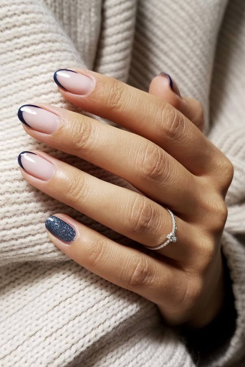Blue ombre nails fading from nude to aqua with rhinestone accents – dreamy fall-to-winter transition