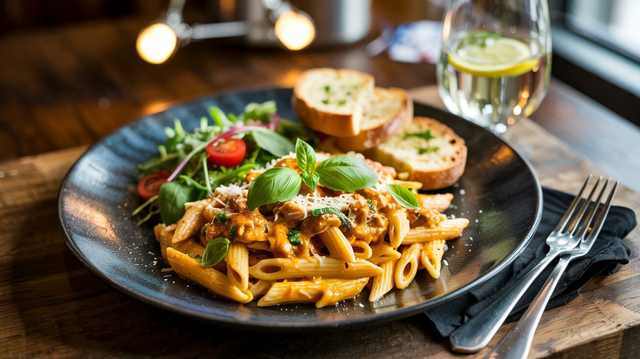 Marry Me Chicken Pasta served with creamy tomato sauce, parmesan, fresh basil, and garlic bread on a black plate.