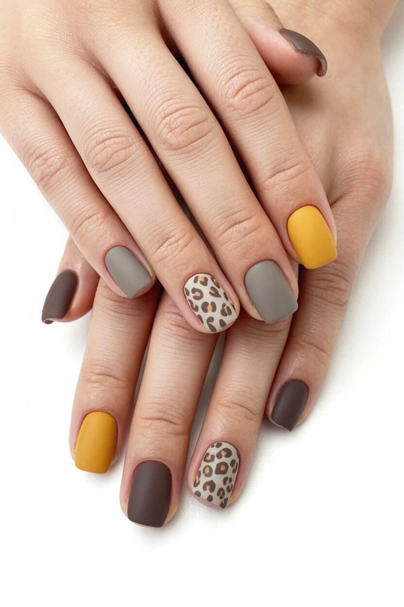 Matte fall nails with mustard yellow, taupe, and brown tones paired with a leopard print accent nail