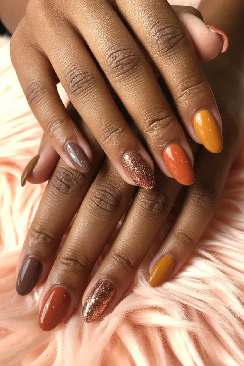Glossy multicolor fall nails featuring chocolate brown, burnt orange, mustard yellow, and bronze gli