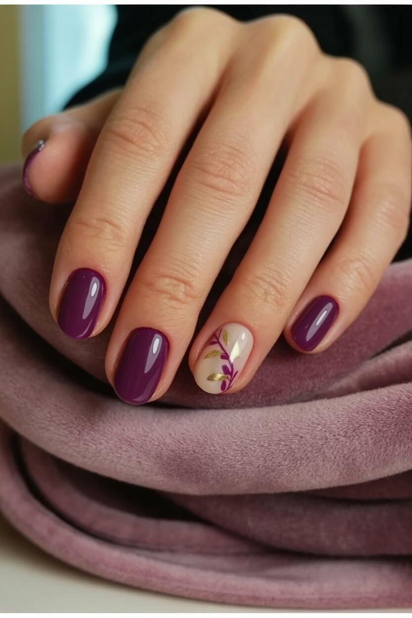 Short plum-coloured fall nails with an accent nail featuring delicate floral design.