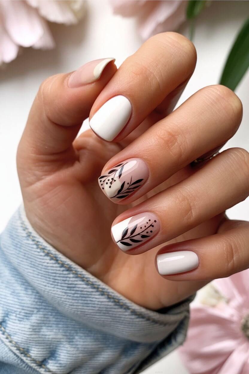 Muted warm grey fall nails with subtle leaf art on short rounded nails.