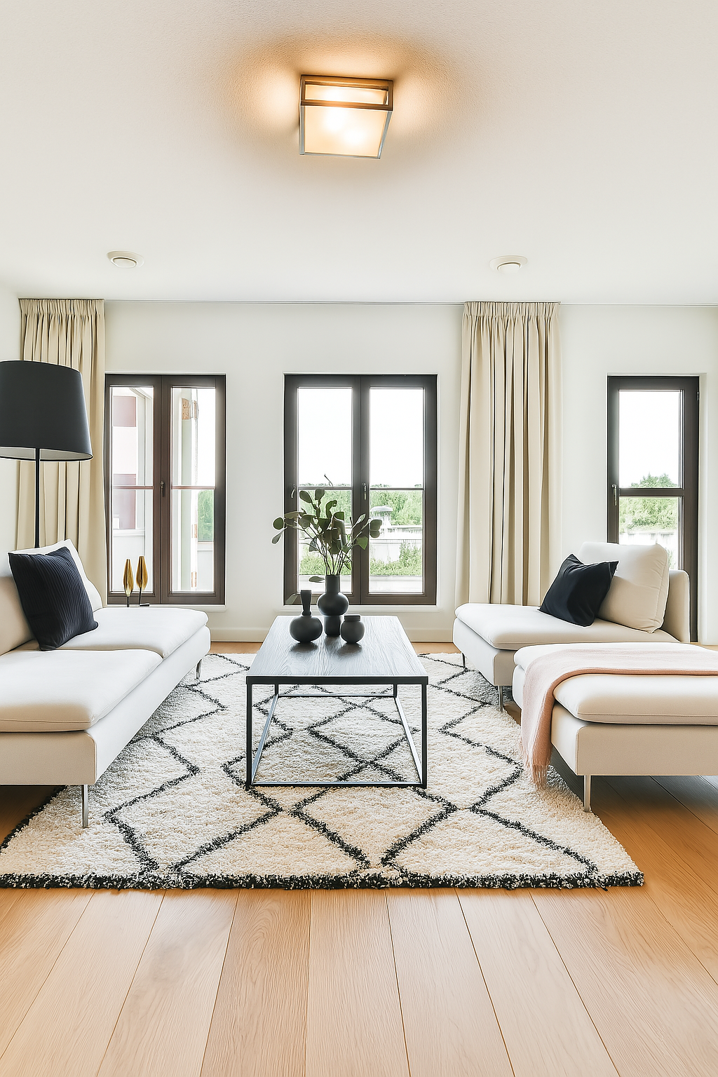 a minimalist living room with a couch and a table