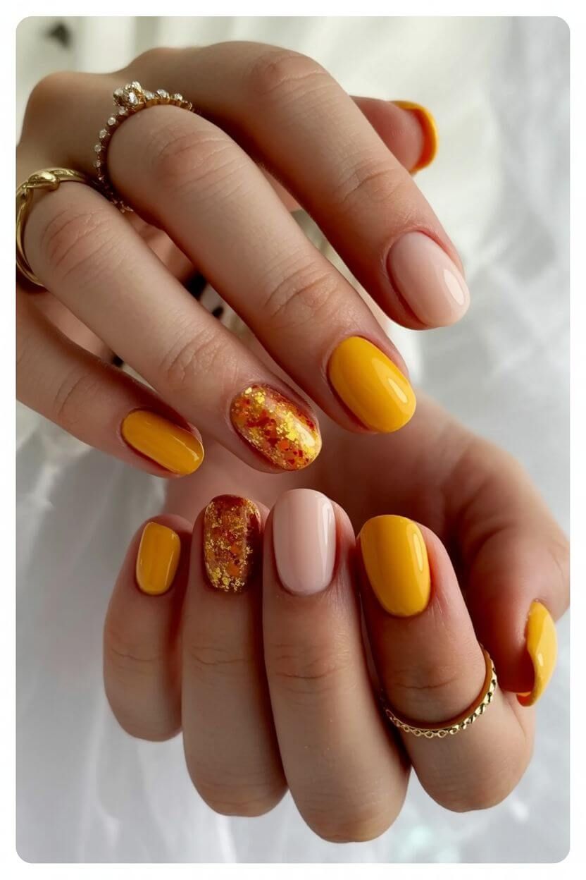 Mustard yellow and beige nails with glitter foil and autumn leaf design – vibrant and trendy fall na