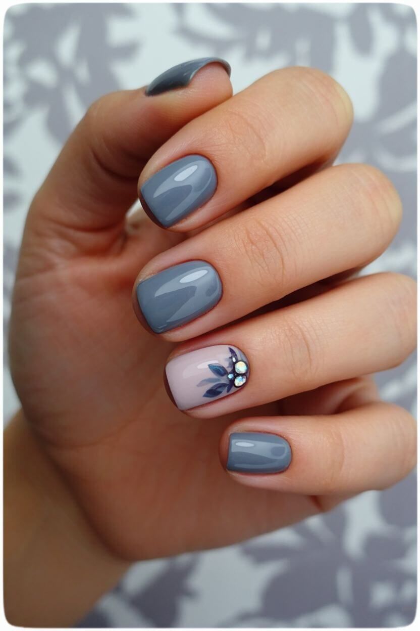 Dusty blue-grey fall nails with navy leaf accents and crystal embellishments.
