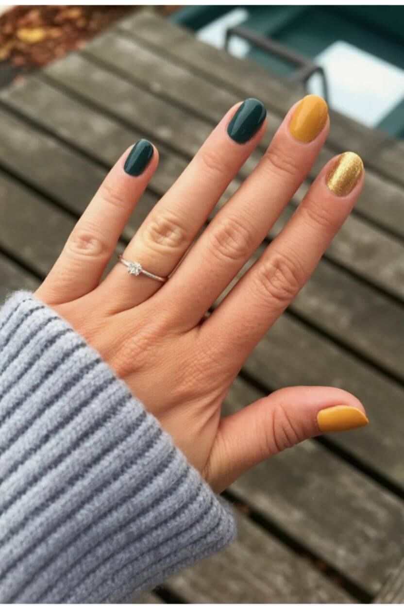 Dark green, mustard, and gold shimmer nails for fall – moody and modern nail color combo perfect for