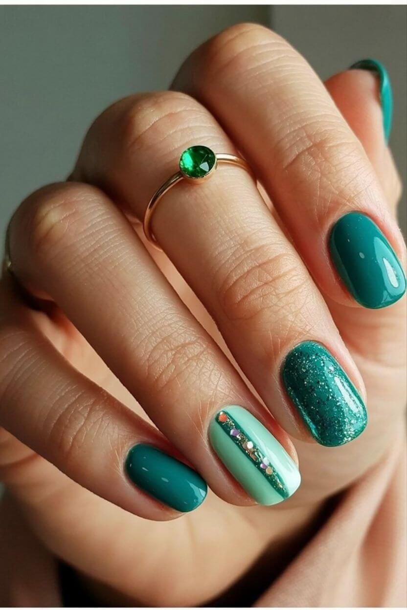 Emerald green and mint green nails with glitter and rhinestone accent – chic jewel-toned fall nail a