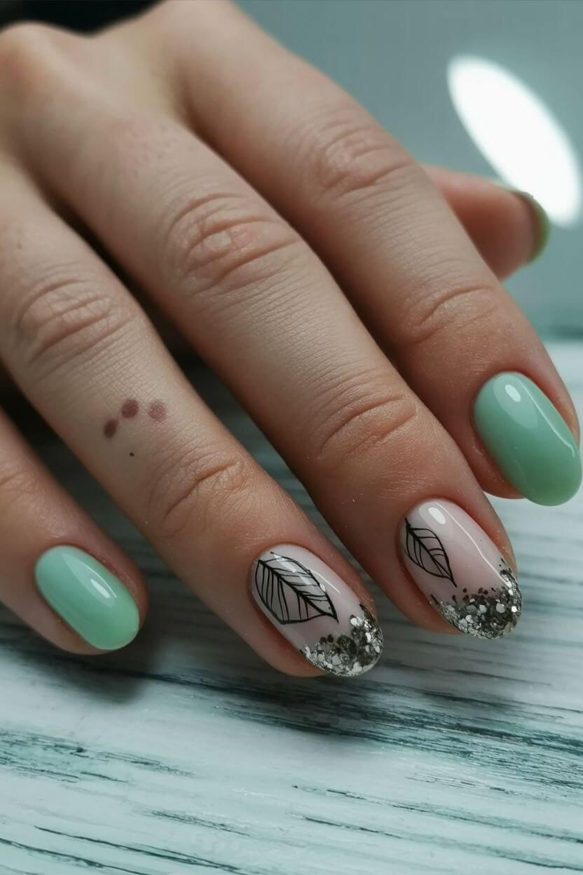 Modern French manicure with deep navy blue tips and a full glitter accent nail – elegant and trendy 