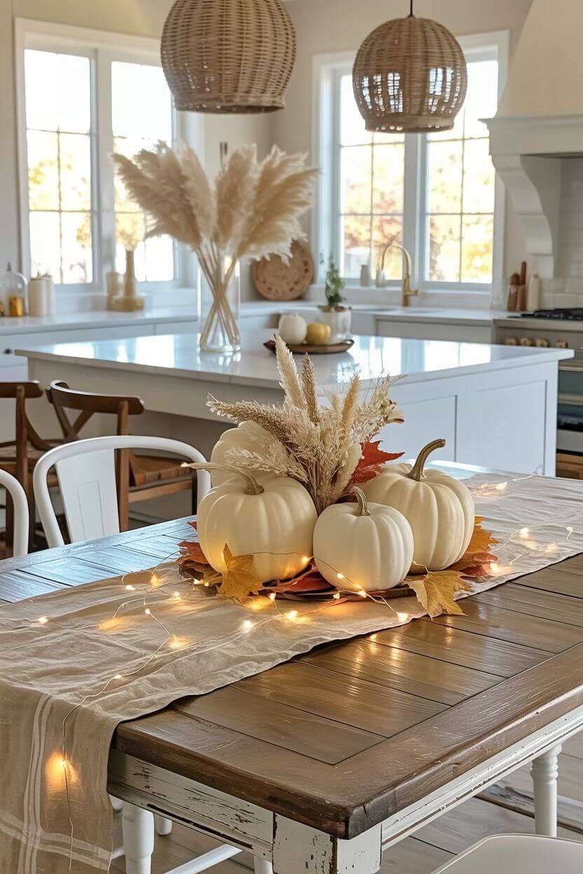 Modern farmhouse kitchen decorated for autumn with white pumpkins, pampas grass, amber fairy lights,