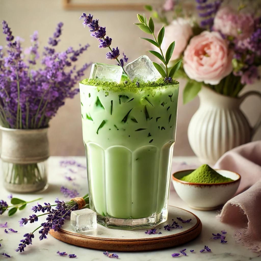 "Iced lavender matcha latte in a tall glass, topped with ice cubes and matcha powder, garnished with fresh lavender and greenery."