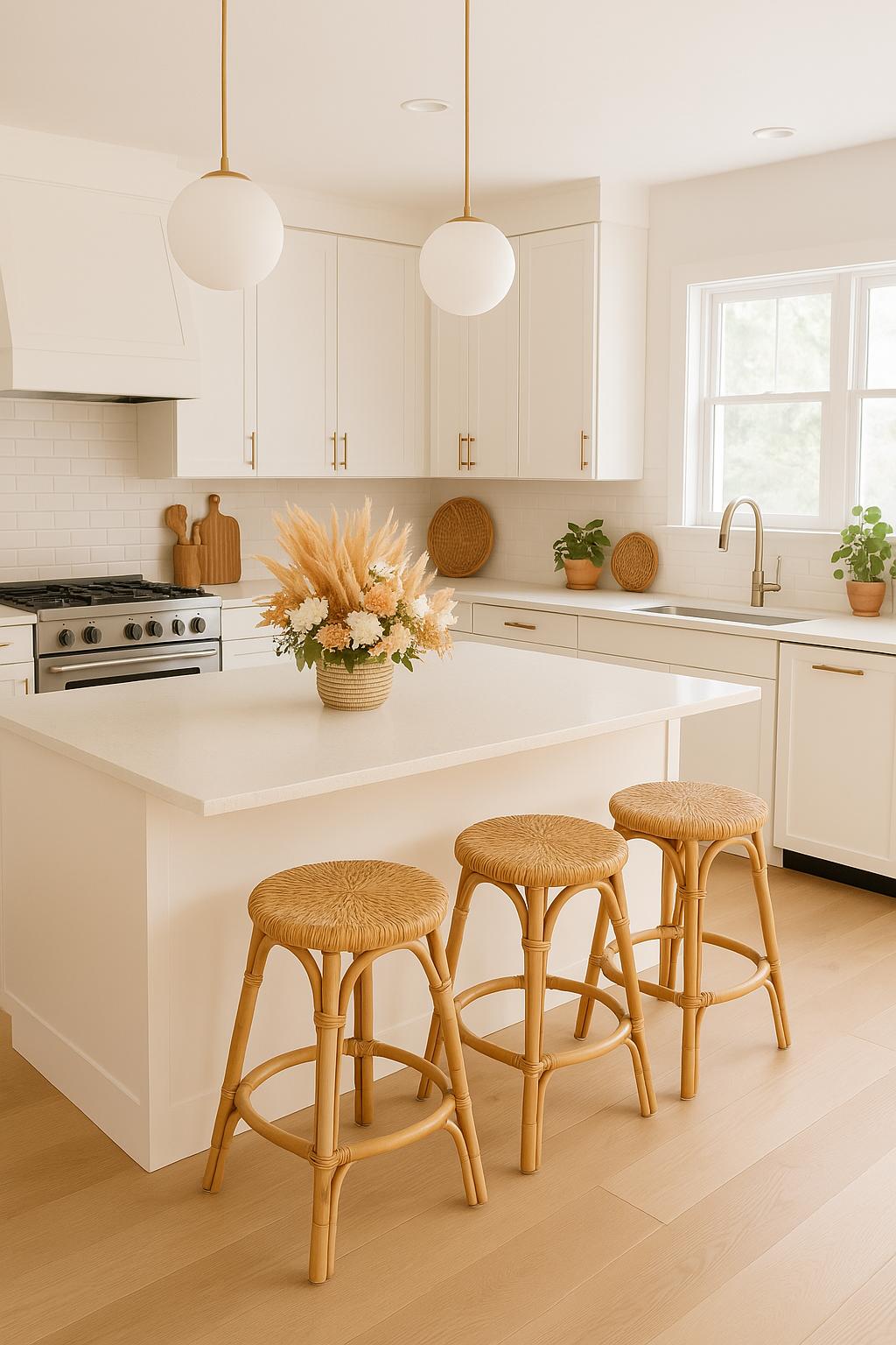 rattan stools in boho kitchen