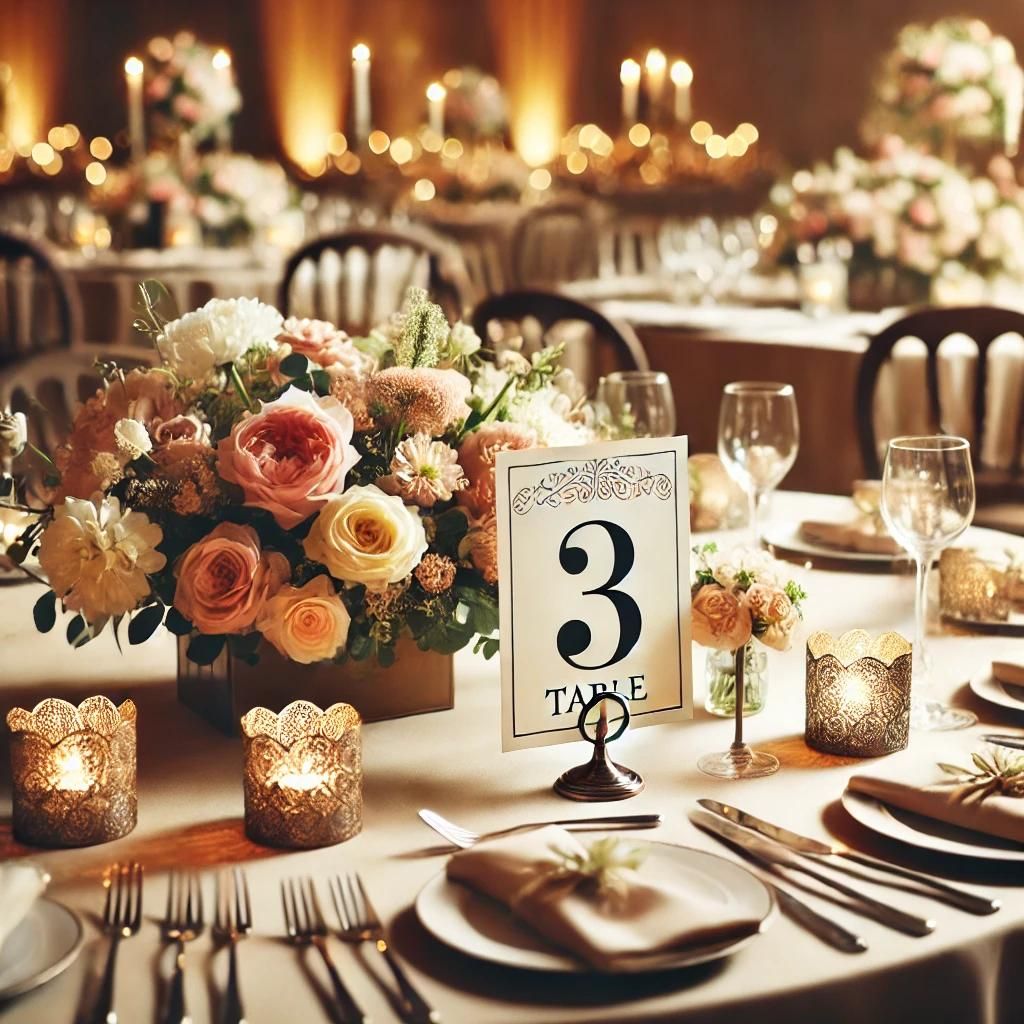 Elegant wedding reception table with floral centerpiece, candles and table number card, illustrating things wedding guests don’t care about in detail.