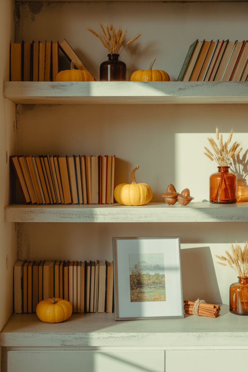 Minimal autumn bookshelf styling with vintage books, mini pumpkins, amber glass vases with dried whe