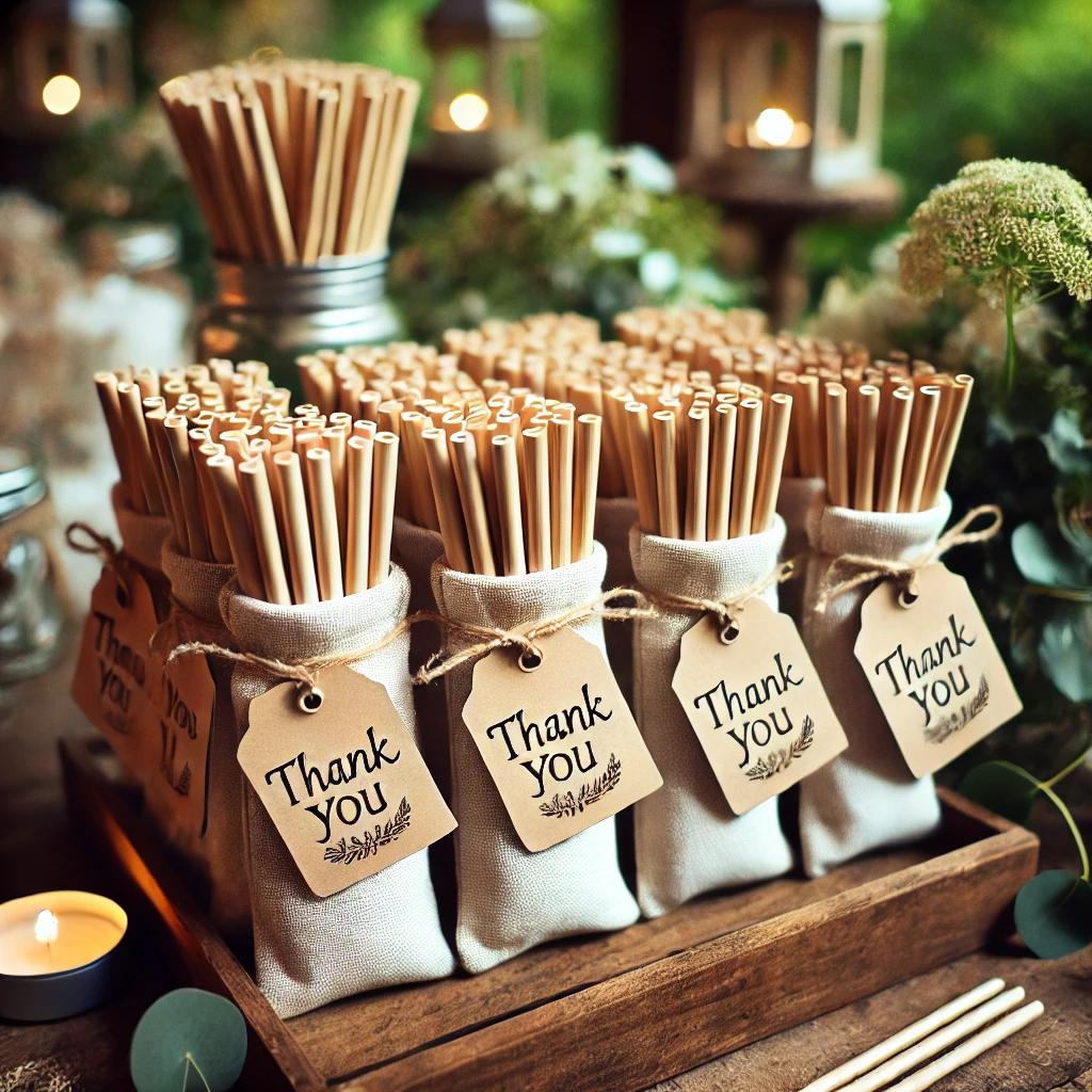 Sustainable eco-friendly wedding gifts for guests featuring bamboo straws in eco pouches.