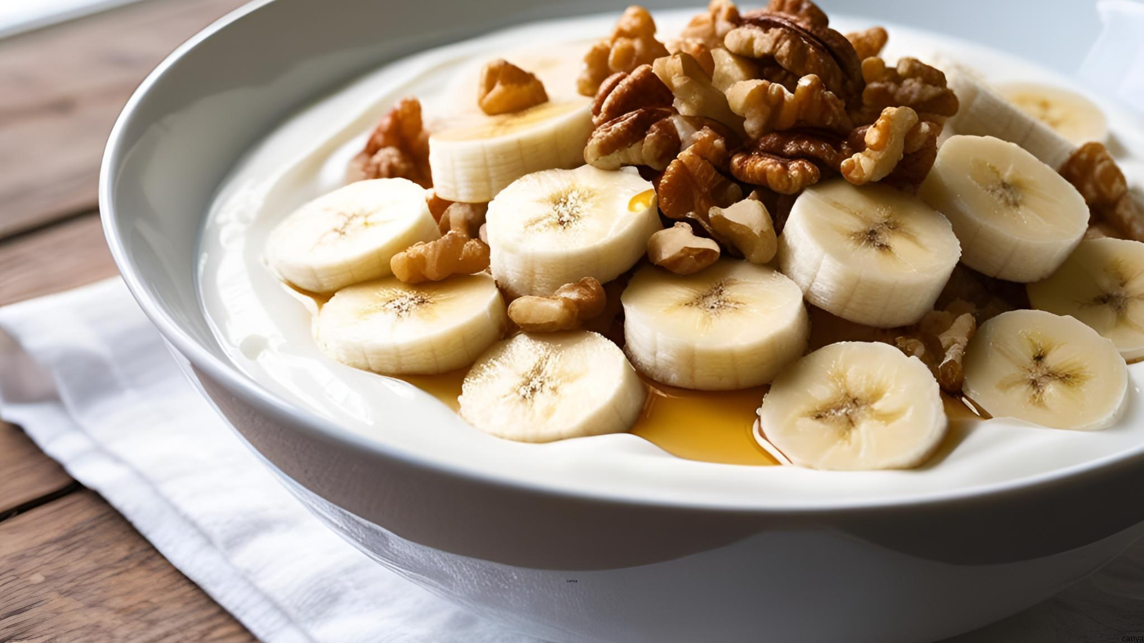 "Banana walnut yogurt bowl with honey drizzle – healthy protein-packed breakfast idea"