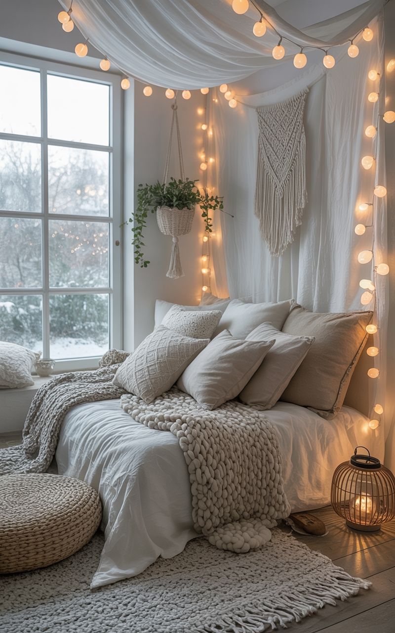 boho bedroom decorated with vintage lamps