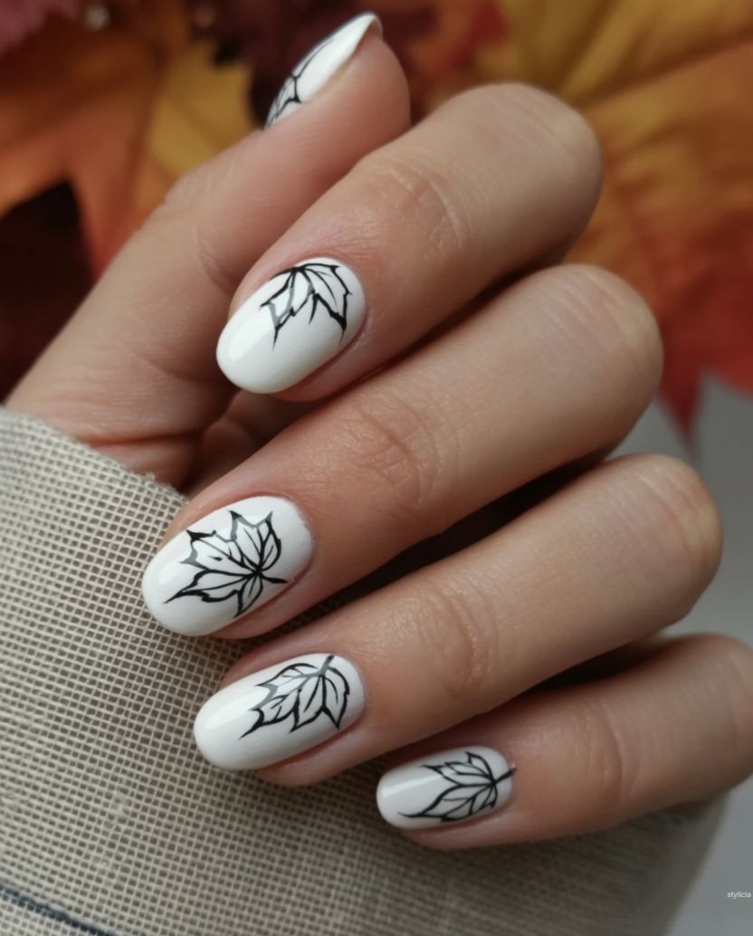 Short white fall nails with black botanical line art on accent nails.