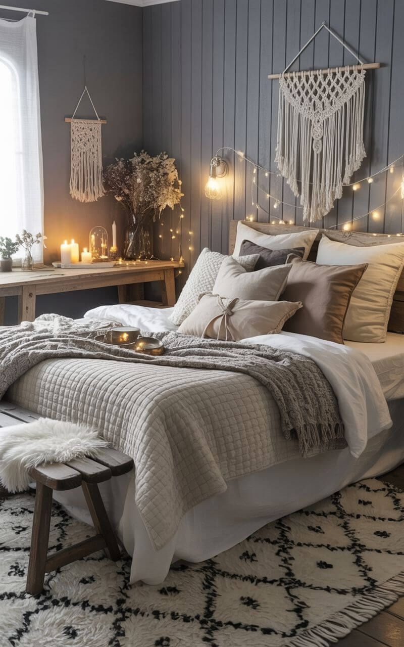 boho bedroom with string lights