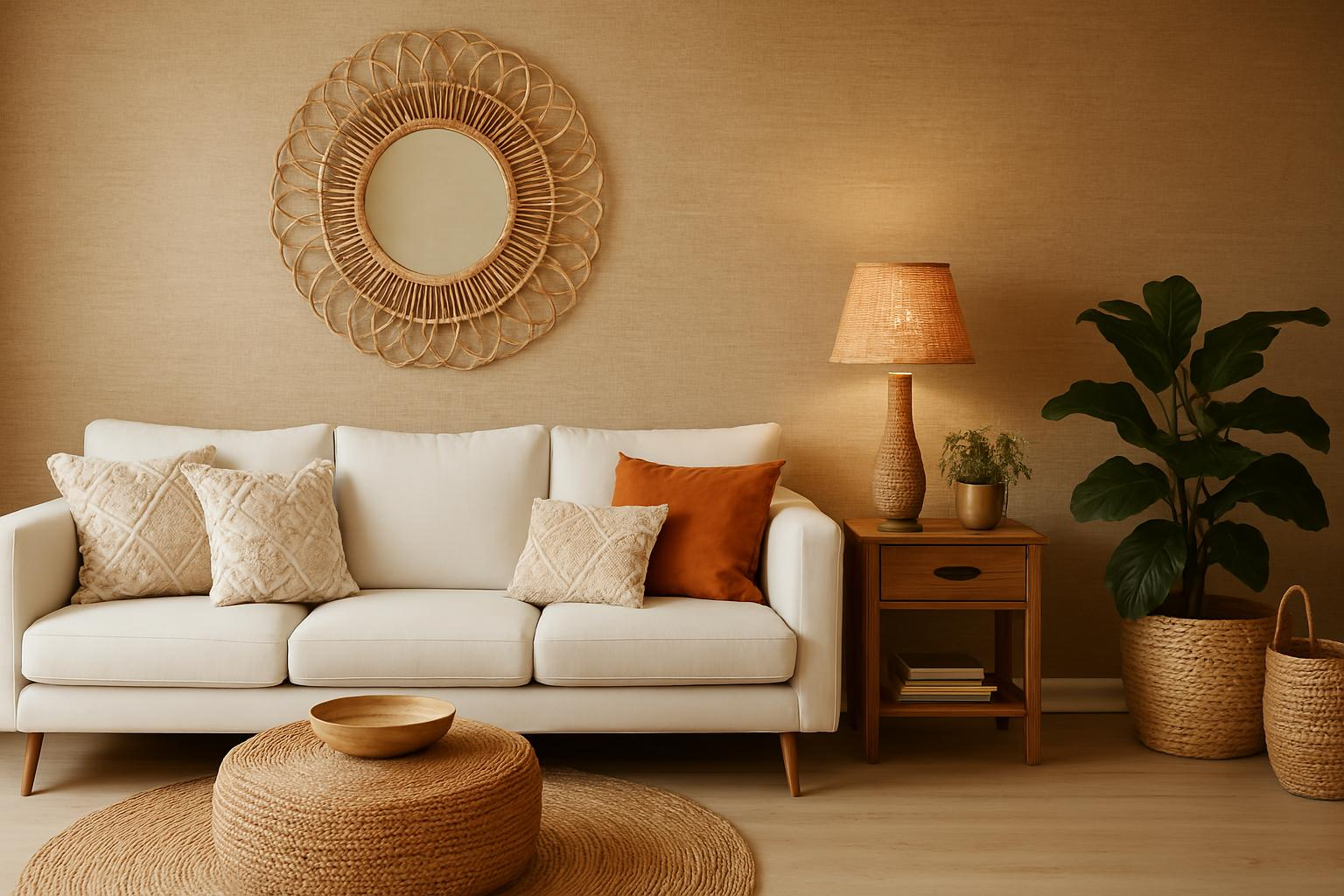 Boho living room decor with a white sofa, textured throw pillows, rattan wall mirror, woven pouf, wooden side table with lamp, and indoor plants for a cozy natural vibe.