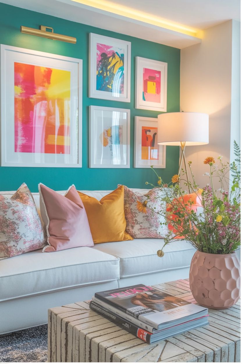 Bright living room with colorful wall art, patterned throw pillows, fresh flowers and a white sofa – vibrant home decorating ideas to add personality and style.