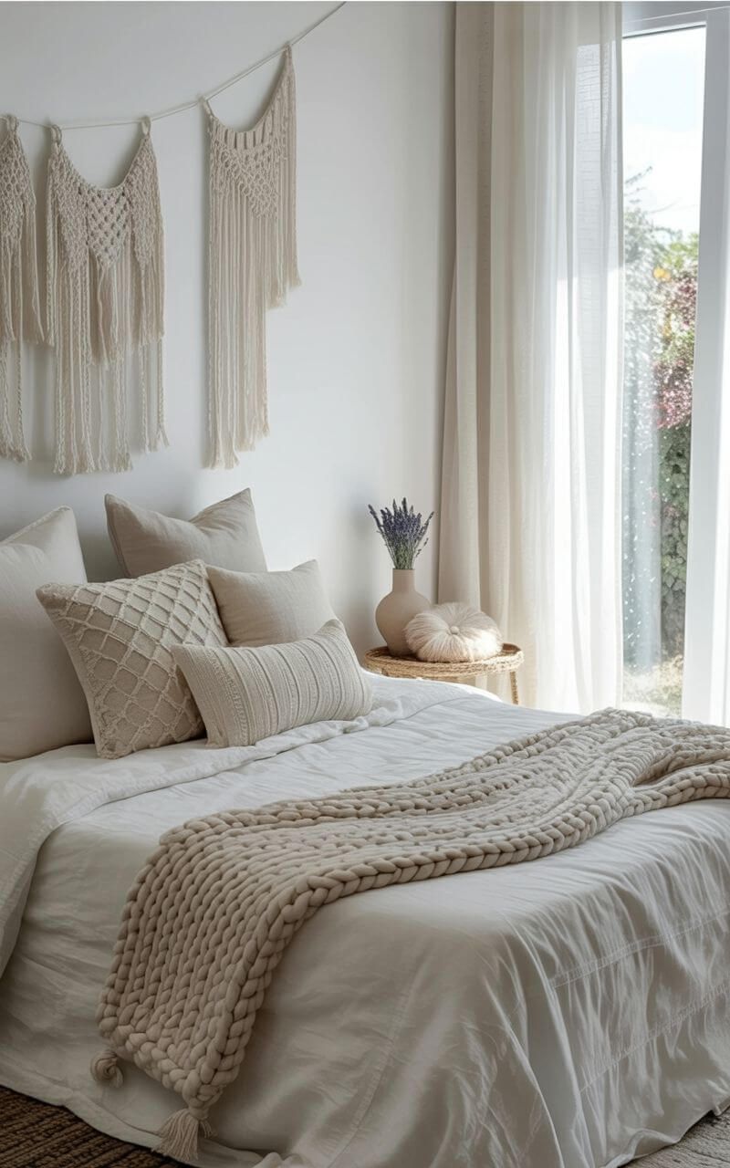 budget-friendly grey boho bedroom with chunky knit blanket