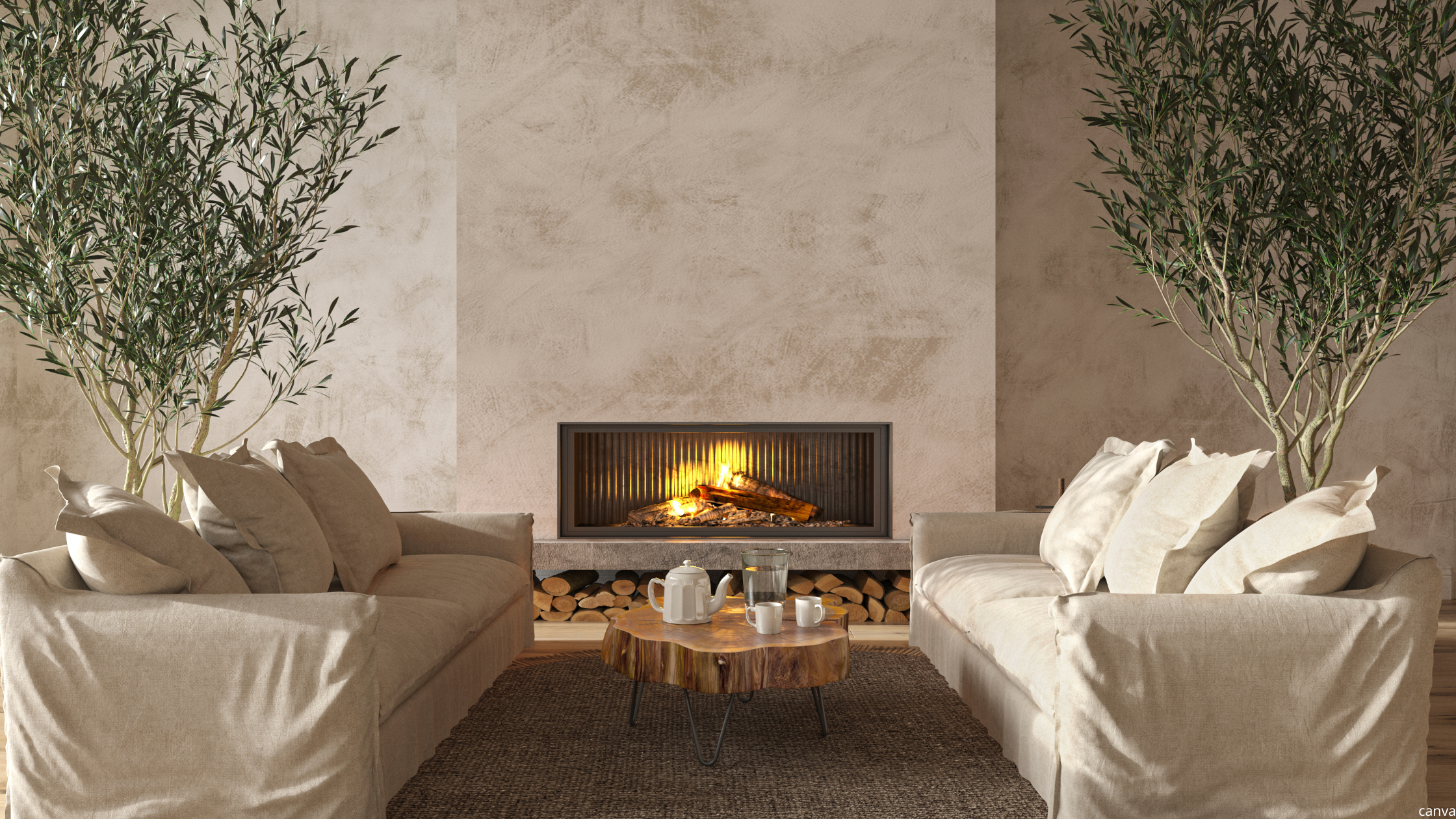 Cosy home decor with neutral sofas, a modern fireplace, and a rustic wooden coffee table for a warm and inviting living room.