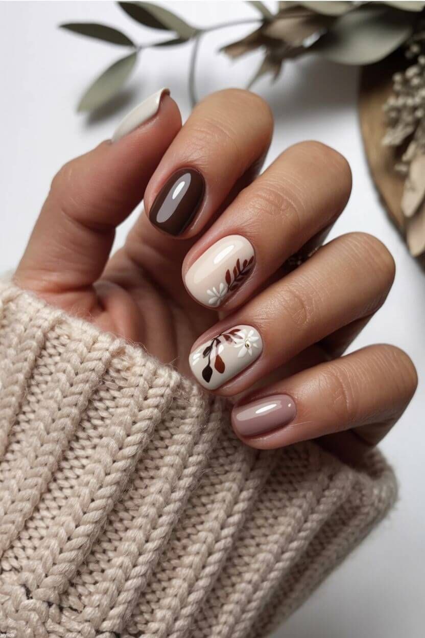 Brown and nude fall nails with fine leaf art details on a short, rounded manicure.