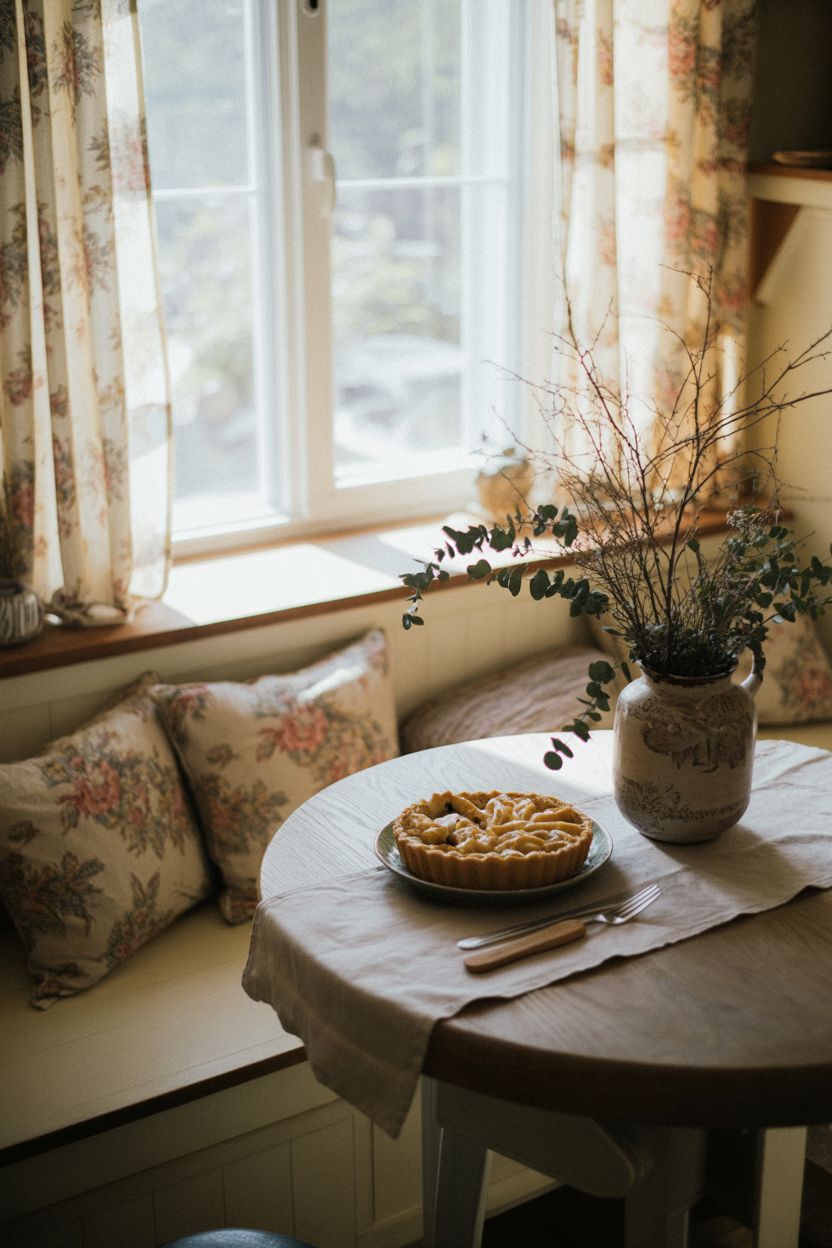 Cozy autumn dining nook with floral cushions, a rustic wooden table set with a linen runner, a ceram
