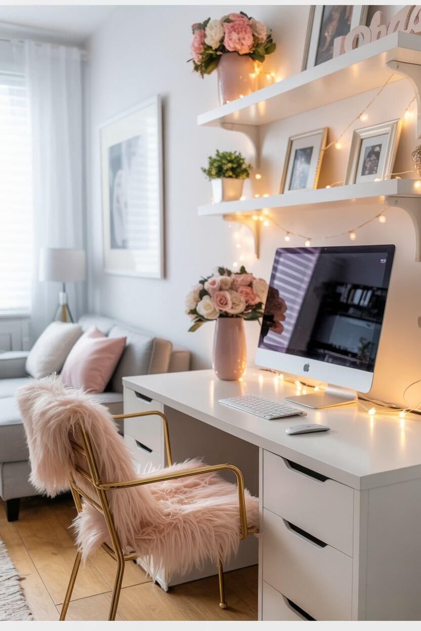“Cozy home office setup with white desk, gold chair, pink faux fur, fresh flowers, fairy lights, and feminine decor.”