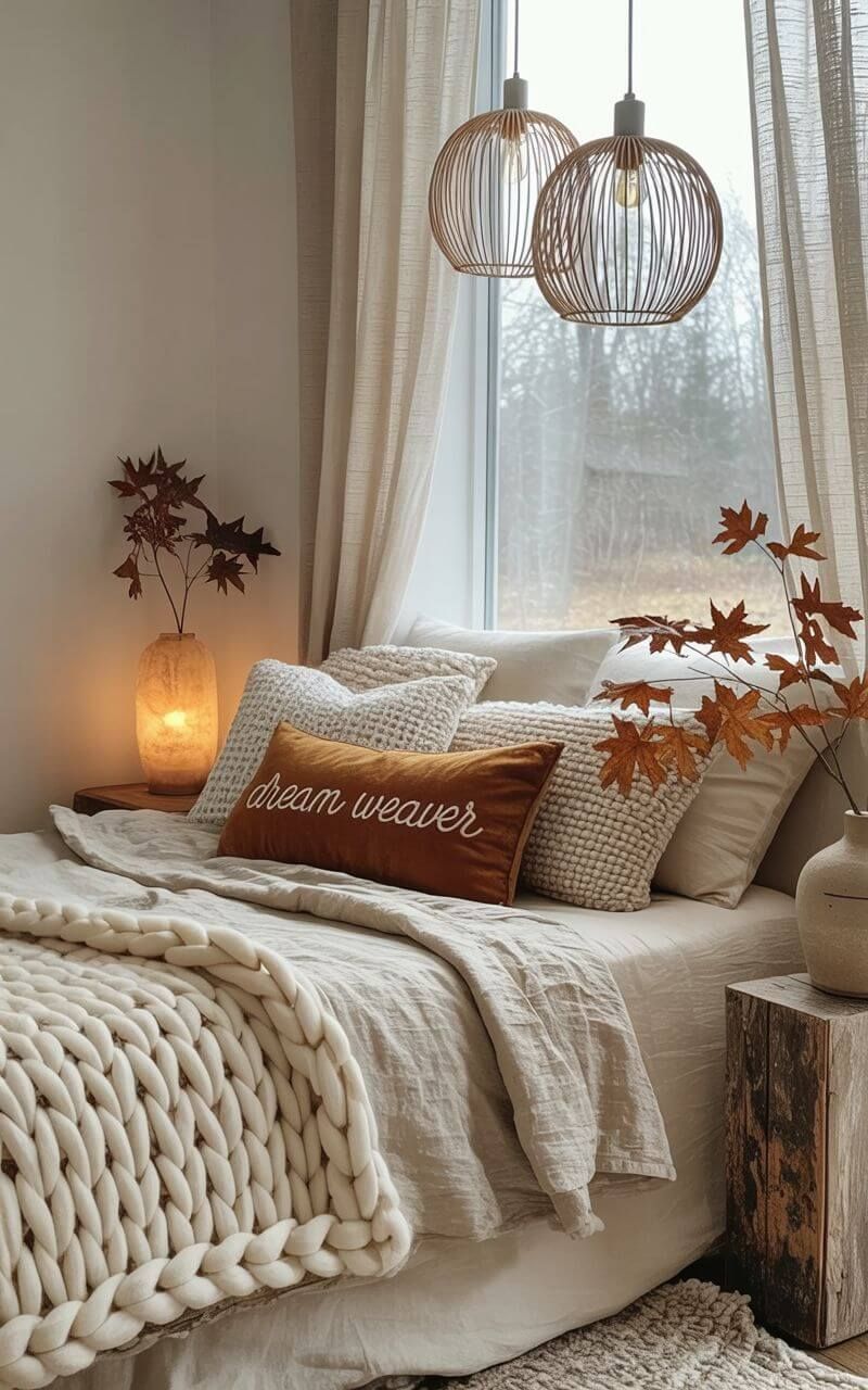 earthy bedroom decorated with dried flowers