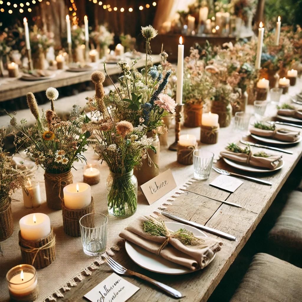 Eco-friendly wedding table decor with rustic wooden table, linen napkins, wildflowers, and candles in jars.