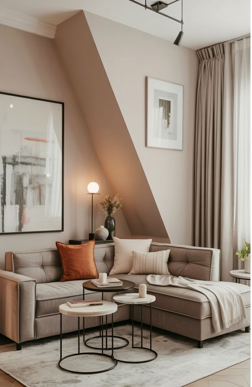 Narrow living room with creative angled furniture placement, corner seating, soft neutral palette em