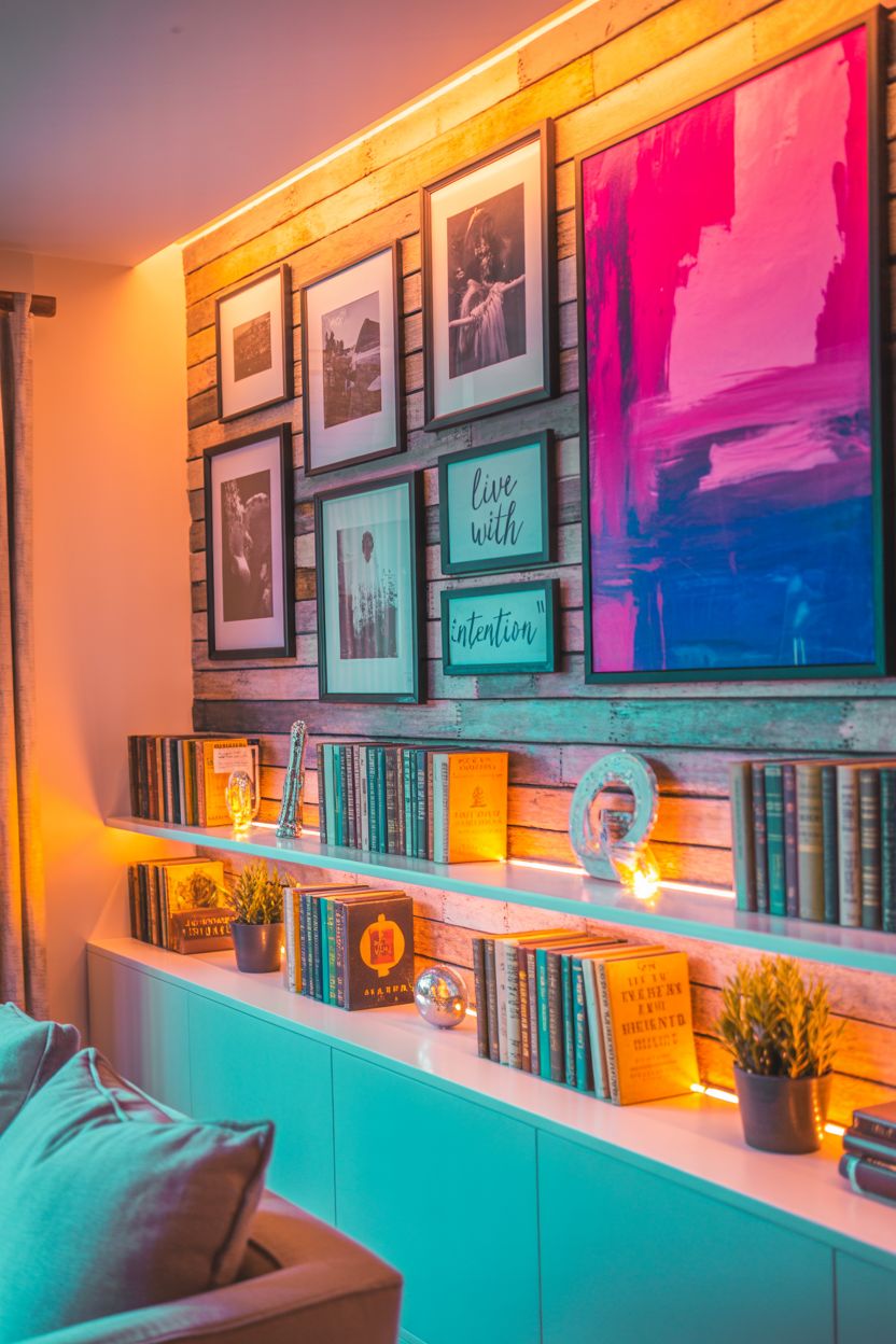 Cozy living room wall with framed art, inspirational quotes, wooden paneling and built-in bookshelves – creative home decorating ideas for a stylish space.