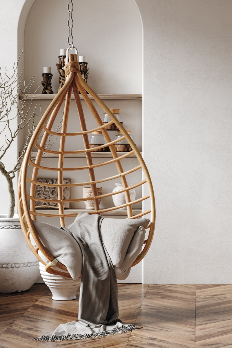 Boho living room decor with a rattan hanging chair, neutral cushions, and rustic shelves styled with vases, baskets, and natural textures.