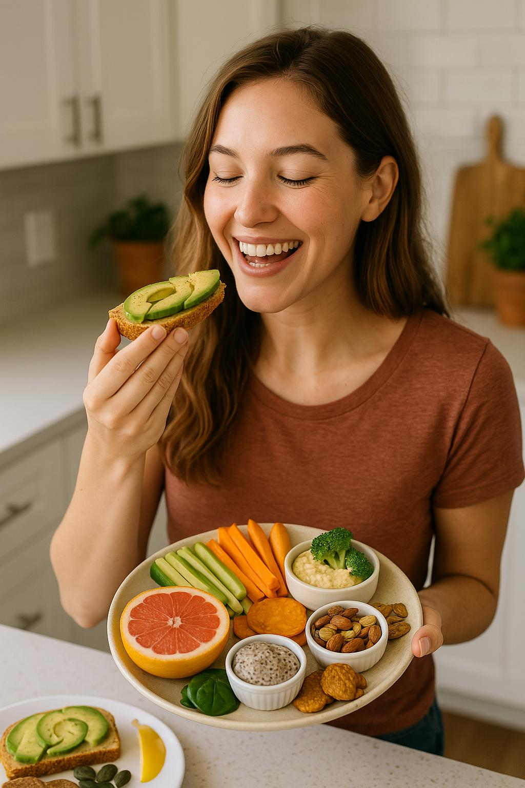 Plate of healthy snacks with fresh grapefruit, celery, carrots, broccoli, almonds, chia pudding, and hummus for a nutritious detox.