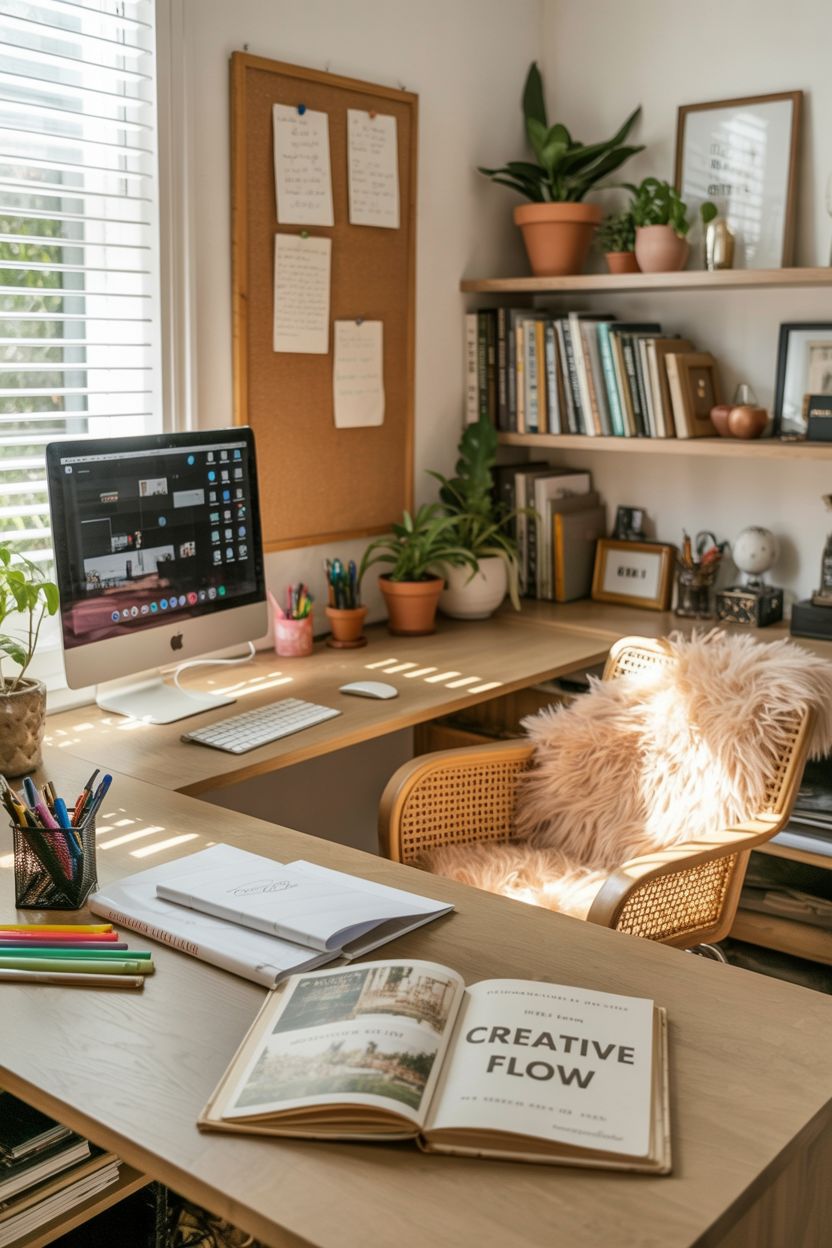 Cozy home office with rattan chair, plants, and sunlight