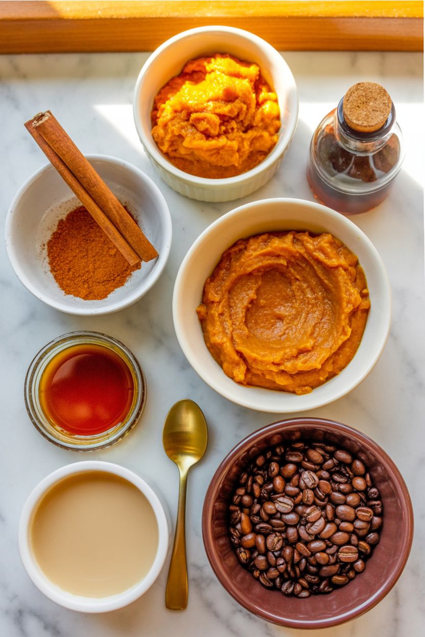 Pumpkin spice latte ingredients on a marble surface, including pumpkin purée and spices.