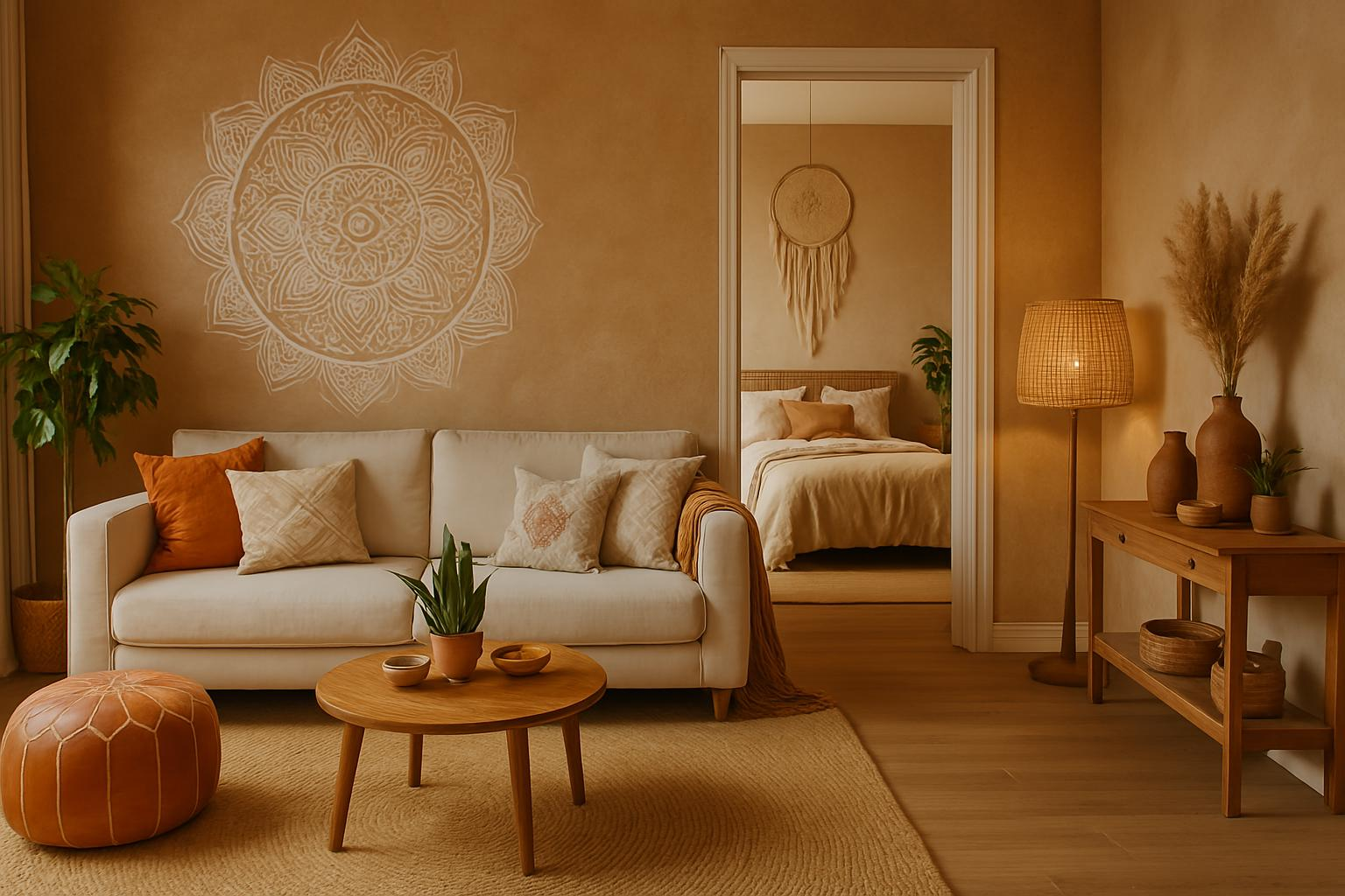 Boho living room decor with neutral sofa, patterned throw pillows, round leather pouf, wooden coffee table, natural textures, and mandala wall art in a cozy earthy-toned space.