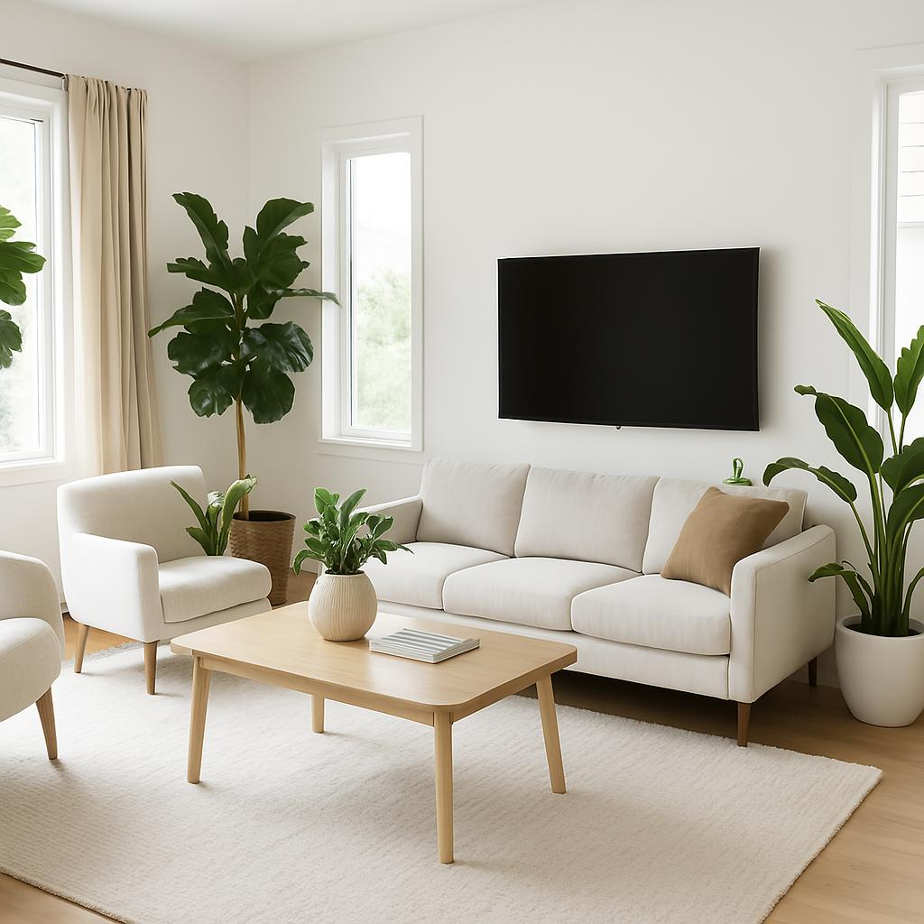 a minimalist living room with a couch and a television